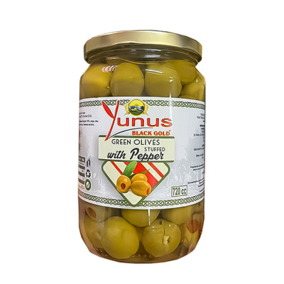 Оливки зеленые фаршированные перцем Yunus 720г (1041) - вид 1 миниатюра